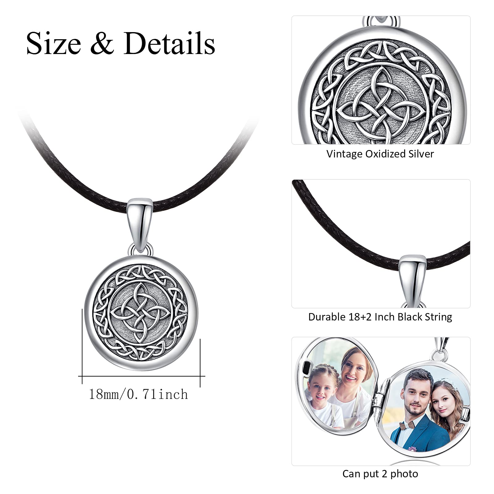 Irish Jewelry for Men Women Girls Locket Necklace Photo Lockets that Hold Picture Personalized Father's Day Gift Dad Custom Celtic Locket Sterling Silver Good Luck Irish Viking Wiccan Jewelry Gifts