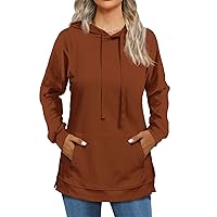 Hoodies for Women Fashion Split Hem Drawstring Casual Long Sleeve Sweatshirts Tops with Pockets