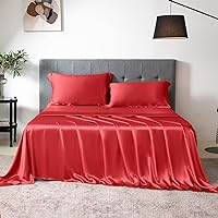 THXSILK 100% Silk Sheet Set, 7A+ Silk Sheet Set Soft Breathable, Luxury Bedding (1 Flat Sheet, 1 Fitted Sheet, 2 Pillow Shams) California King, Red