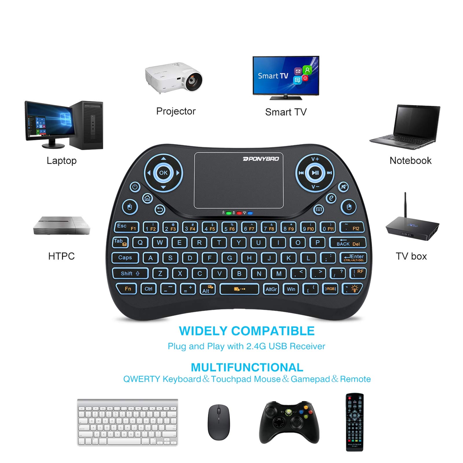 PONYBRO (Newest Version) Backlit Mini Wireless Keyboard with Touchpad Mouse Combo QWERTY Keypad,Rechargeable Handheld Keyboard Remote for Smart TV,Android TV Box,Xbox,Raspberry Pi,PC