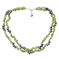 NOVICA Handmade Cultured Freshwater Pearl Peridot Strand Necklace .925 Sterling Silver Green Grey Beaded India Birthstone [17.75 in min L x 19 in max L 12 mm W] 'Opulent Lime'
