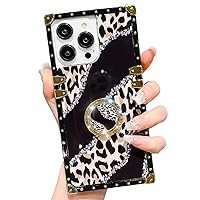 Luxury Square Compatible with iPhone 14 Pro 6.1 Inch Case, Bling Leopard Diamond Kickstand Cover, Soft Glossy Silicone Shockproof Cheetah Cases for Women Girls(Black)