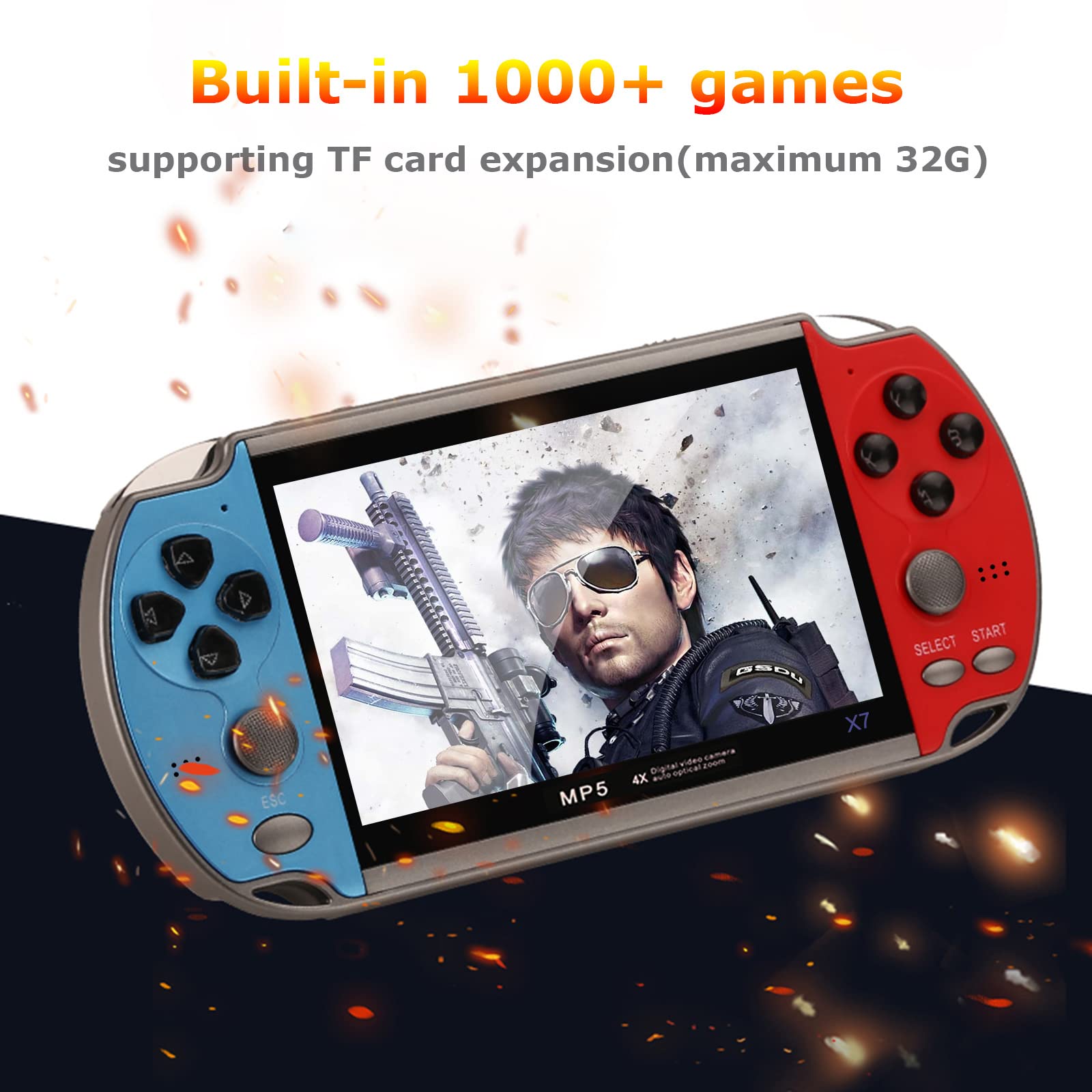 ERYUE Console, X7 4.3 Inch Video Game Console Handheld Game Players Double Rocker 8GB Memory Built in 1000 Games MP5 Game Controller TV Output