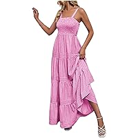 Womens Stripes Square Neck Smocked Cami Dresses Summer Layered Ruffle Sleeveless Flowy Boho Maxi Cocktail Dress