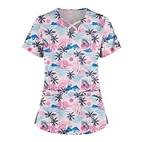 Tops for Women,Plus Size Cute Printed Scrub Working Uniform Tops for Women Cross V-Neck Short Sleeve Fun Basic Shirts