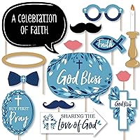 Big Dot of Happiness Blue Elegant Cross - Boy Religious Party Photo Booth Props Kit - 20 Count