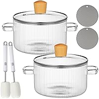 2 Pcs Clear Glass Pots for Cooking on Stove 1.3 L 44 oz Glass Saucepan with Lid Handle Simmer Pot Handmade Cookware Borosilicate Glass Cooking Pot with Brushes and Silicone Mats (Ribbed)