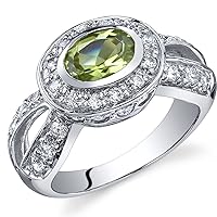 PEORA Peridot Ring for Women in Sterling Silver, Vintage Halo Design, Oval Shape, 7x5mm, 0.75 Carat total, Comfort Fit, Sizes 5 to 9