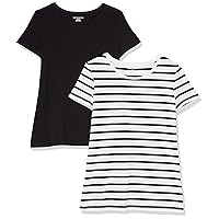 Amazon Essentials Women's Classic-Fit Short-Sleeve Crewneck T-Shirt, Pack of 2, Black/White Stripe, Medium