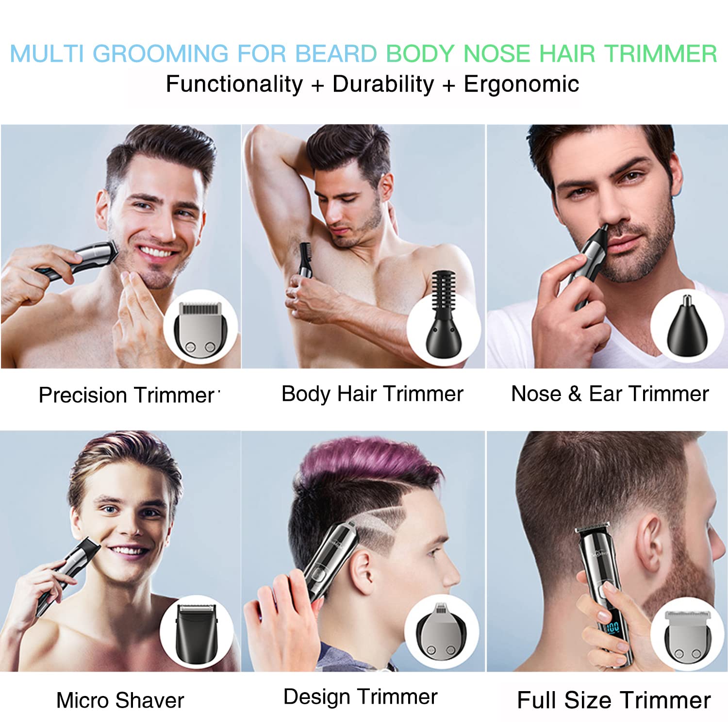 Brightup Beard Trimmer for Men - 19 Piece Beard Trimming Kit with Hair Clippers, Electric Razor - IPX7 Waterproof Mustache, Face, Nose, Ear, Balls, Body Shavers - Ideal Gifts, FK-8688T
