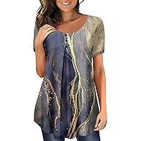 Summer Tops for Women 2024,Womens Retro Marble Print Crewneck Ruched Short Sleeve Shirts Loose Button Down Tunic Tops