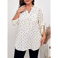 Oversized t Shirts for Women Plus Heart and Gold Dot Print Roll Tab Sleeve Blouse t Shirts for Women (Color : White, Size : 0XL)