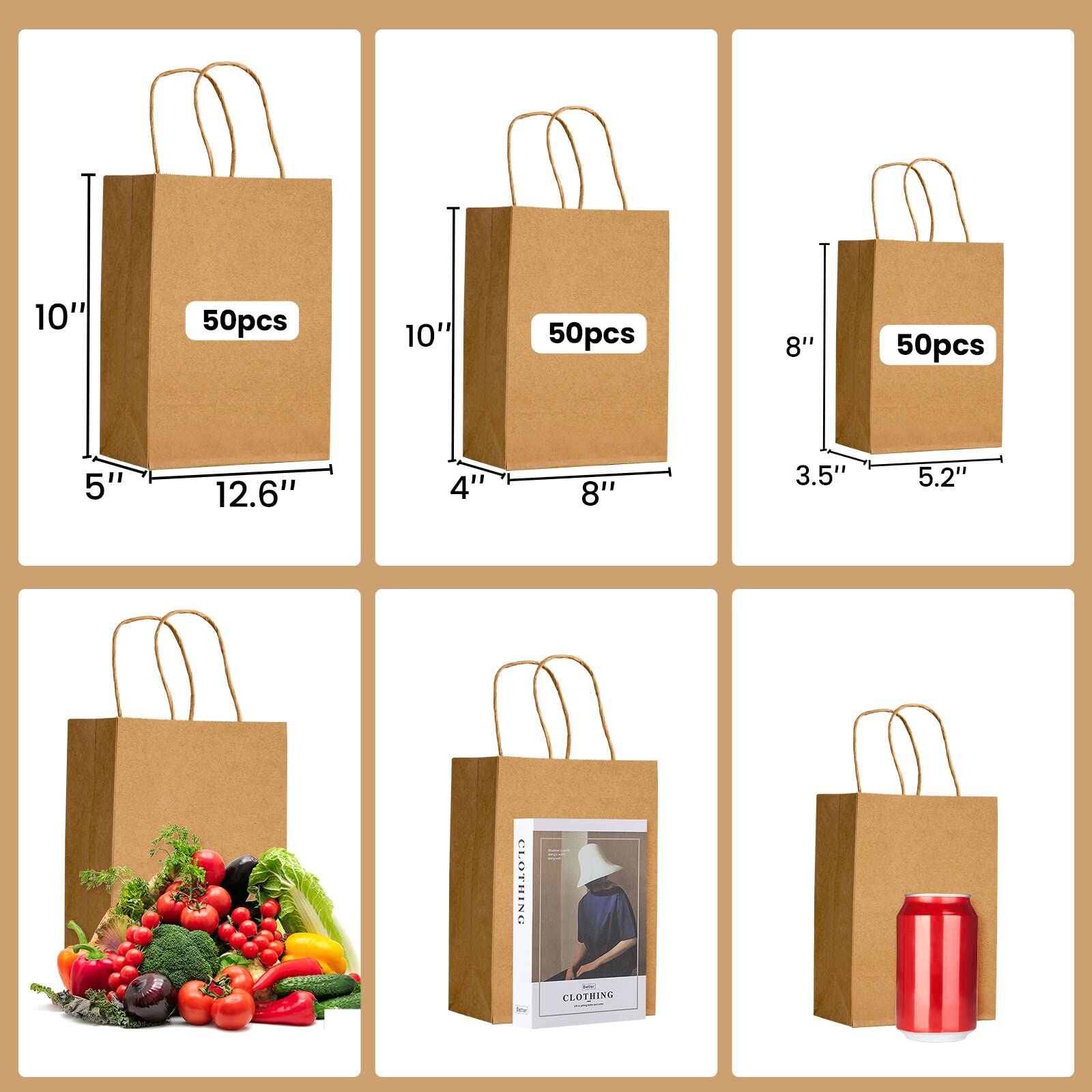 150pcs Brown Kraft Paper Bags with Handles Mixed Size Gift Bags Bulk,Perfect Kraft Paper Bags for Business, Shopping Bags,Retail Bags,Party Bags,Favor Bags,Merchandise Bags