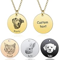 MeMeDIY Personalized Pet Portrait Necklace Customized Round Disc Photo Text Engraved Necklace Dog Cat Name Pet Sketch Necklace for Animal Lover Dog Mom/Dog Dad