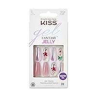Gel Fantasy Press On Nails, Nail glue included, Jelly Cookie', Pink, Long Size, Coffin Shape, Includes 28 Nails, 2g glue, 1 Manicure Stick, 1 Mini File