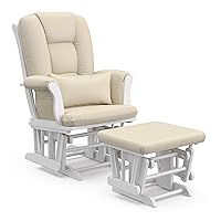 Storkcraft Tuscany Custom Glider and Ottoman with Free Lumbar Pillow (White/Beige) - Cleanable Upholstered Comfort Rocking Nursery Chair with Ottoman