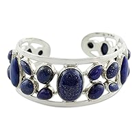 NOVICA Handmade Lapis Lazuli Cuff Bracelet .925 Sterling Silver Blue India Royal Classic Reflecting Pond Snorkel Birthstone [5.25 in L (end to End) x 1 in W] 'Summer Sea'