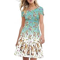 Bengbobar Bunny Dress Women Plus Size 3D Print Crewneck Short Sleeve Swing Midi Dress Large Hem Casual Womens Easter Outfit