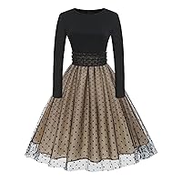 Women Vintage 50s 60s Long Sleeve Polka Dot Swing Tulle Dress A-line Cocktail Party Fall Winter Dresses