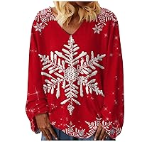 Christmas Shirts for Women 2023 Long Sleeve V-Neck Snowflake Graphic Shirts Casual Xmas Holiday Tee Tops
