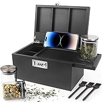 Large Black Bamboo Box with Combination Lock,Smell Proof Box with Detachable Compartment, Wooden Decorative Storage Box with Alright Jars & Brushes as Great Gift Choice.