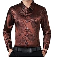 Wine Red Smooth Silk Satin Shirt Men Chinese Dragon Mens Slim Fit Long Sleeve Button Down Dress Shirts for Man