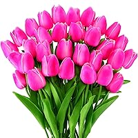 30 Pcs Tulips Artificial Flowers Tulips Bouquet Real Touch Flowers Faux Tulips for Home Kitchen Wedding Decorations, Gift Idea for Easter Decor Mother's Day Birthdays (Rose Red)