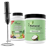 Natural Super Greens Powder | Great Tasting Superfood Fruits and Vegetables Juice & Smoothie Mix | All in One Immune Support Multivitamin | Electric Milk Frother Handheld