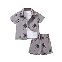 Boy's 2 Piece Tropical Pattern Short Sleeve Collar Neck Button Front Blouse Shirt Top and Shorts Sets