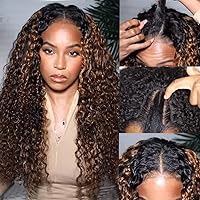 UNICE 24 inch Ombre Brown Curly U Part Wig Human Hair 1x4 inch Leave Out, Balayage Highlight Glueless Human Hair Upart Wigs for Women Beginner Friendly No Glue No Sew In 150% Density