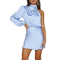 Women's Satin Long Sleeve One Shoulder Mini Dress Silk One Sleeve Turtle Neck Cut Out Cocktail Short Dress for Women