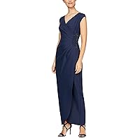 Alex Evenings Women's Petite Slimming Long Cap Sleeve Dress with Side Beaded Detail, Blue, 10P