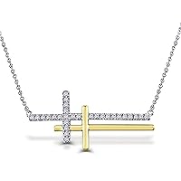 1/5 Ct White Natural Diamond Double Sideways Cross Necklace In 10K Two-Tone Solid Gold