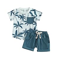Toddler Baby Boy Clothes Beach Short Sleeve Palm Print Hawaiian T-Shirt and Drawstring Shorts Set Summer Outfit
