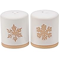 Primitives by Kathy Winter Salt & Pepper Set - stoneware salt and pepper shakers displaying a snowy cream color with individual debossed snowflake designs and bare ceramic accents