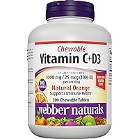 Webber Naturals Vitamin C+D3, 200 Chewable Orange Tablets, 1,000 mg of Vitamin C with 1,000 IU of Vitamin D3 Per Serving, Bones, Teeth, Immune and Antioxidant Support, Non GMO, Dairy & Gluten Free