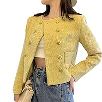 Fall Spring French Women's Double Breasted Tweed Jacket Yellow Pocket Design Coat Top Outwear
