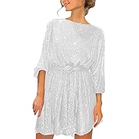 White Dress Women Formal Wedding,Women's Casual Holiday Party Sequin Beaded Lace Up Long Sleeved Dress Dresses