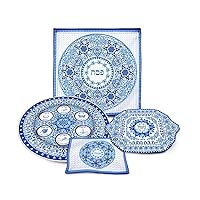 Prestigious Passover Seder Dinnerware Renaissance Set, Includes Round Porcelain Seder Plate, Square Matzo Tray, Silk Matza Cover & Afikoman Bag Magnificent Passover Decoration Dishware