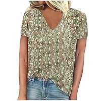Short Sleeve Shirts Womens Fashion Casual Print Vintage V Neck T Shirt Plus Size Tunic Tops Loose Fit Dressy Blouse