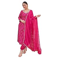 Indian Women Rayon Dress Bandhani Printed Less Work Kurti, Pant Dupatta Set
