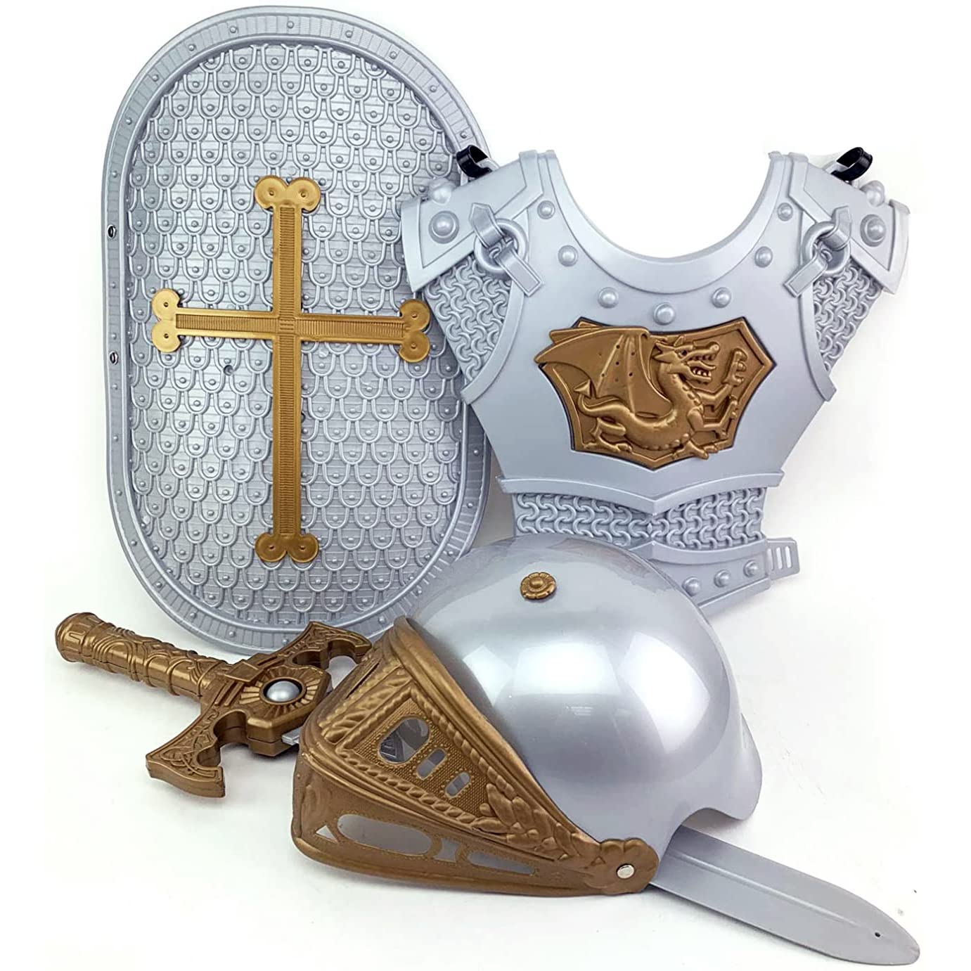 Liberty Imports Medieval Knight in Shining Armor, Kids Pretend Role Play Plastic Toy Costume Dress Up Cosplay with Weapons, Shield, Helmet and Accessories Playset