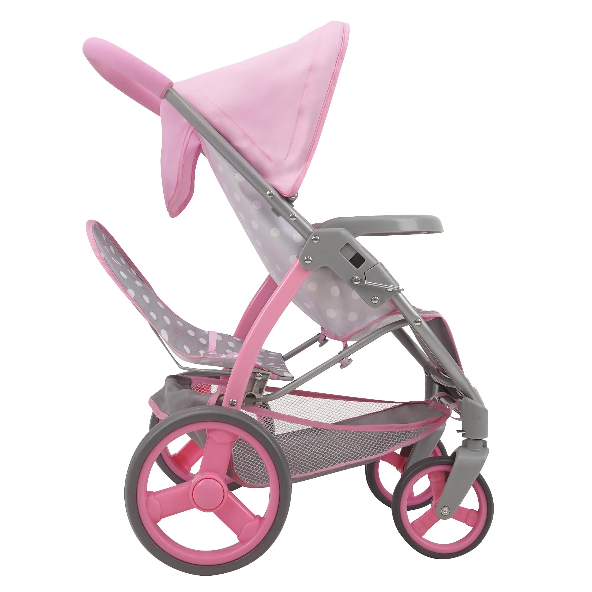 509 Crew: Cotton Candy Pink: Twin Tandem Doll Stroller - Pink, Grey, Polka Dot - Dolls Up to 18