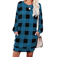 PrinStory Women's Long Sleeves Dresses Causal Loose Round-Neck Tuinc Tops Basic Dress with Side Pockets