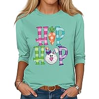 Womens Easter Tops,Women's 3/4 Sleeve Length Easter Egg and Bunny Printed Top Crew Neck Slim Fit Shirt Summer Boho Blouse