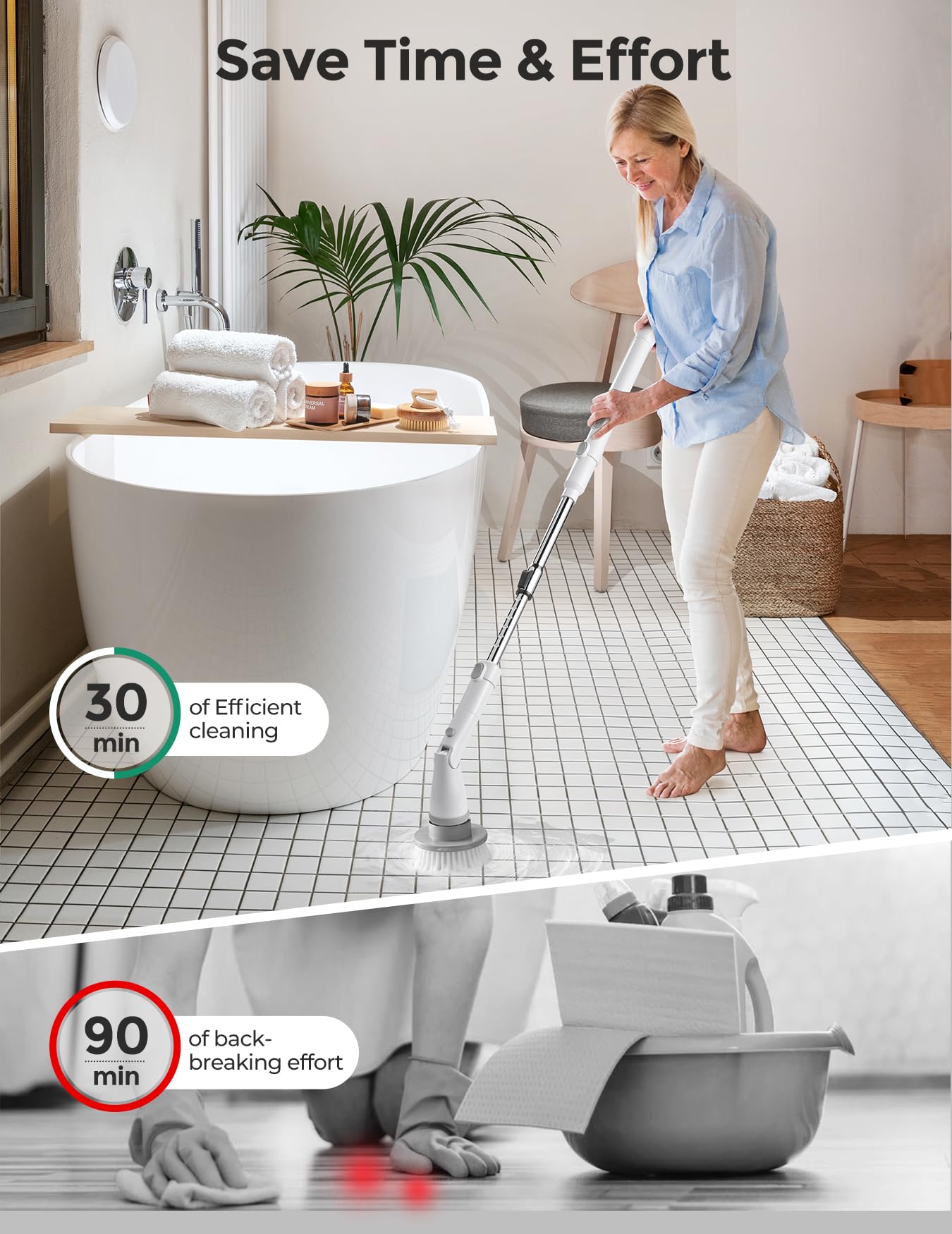 kHelfer Electric Spin Scrubber Kh8 Pro, 2023 New Cordless Shower Scrubber, 4 Replacement Head, 1.5H Bathroom Scrubber Dual Speed, Shower Cleaning Brush with Extension Arm for Bathtub Grout Tile Floor