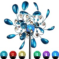 ALLADINBOX Wind Spinners Outdoor Metal Large, 57 Inch, Solar Garden Wind Spinner with Color Changing LED Solar Powered Glass Ball, Blue Windmill for Yard and Garden, Yard Decorations Outdoor