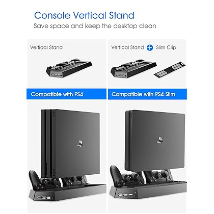 Kootek Vertical Stand with Cooling Fan for PS4 Slim/Regular Playstation 4, Controllers Charging Station with Dual Charger Ports and USB HUB for Console Dualshock 4 Controller (Not for PS4 Pro)