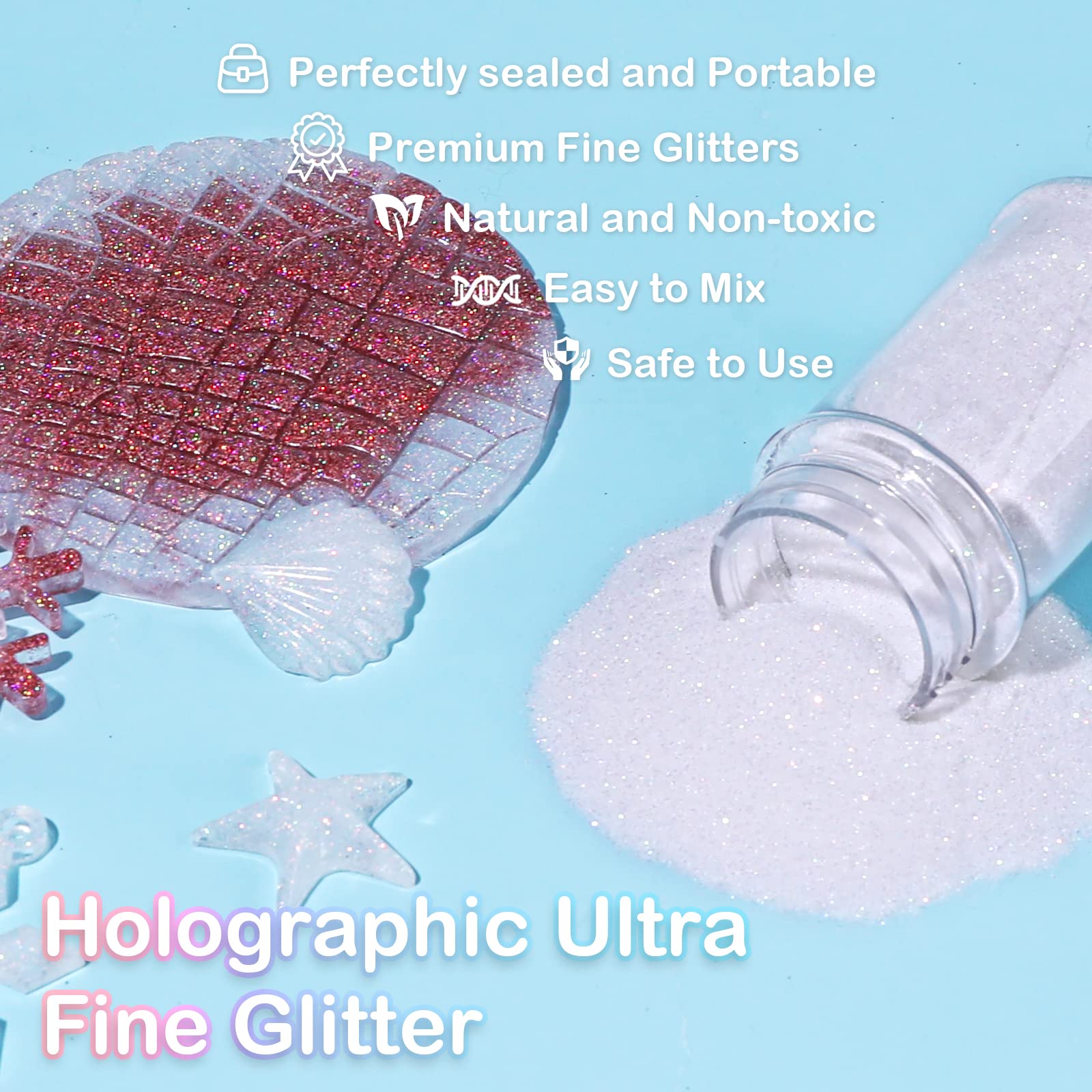HTVRONT Holographic Fine White Glitter - 50g/1.76oz Glitter for Resin, Non-Toxic Fine Glitter for Nails, Resin, Candle Making, Crafts