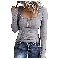 Womens Solid Henley Shirts Long Sleeve Scoop Neck T-Shirt Classic Ribbed Slim Fit Tops Basic Daily Work Tunic Top